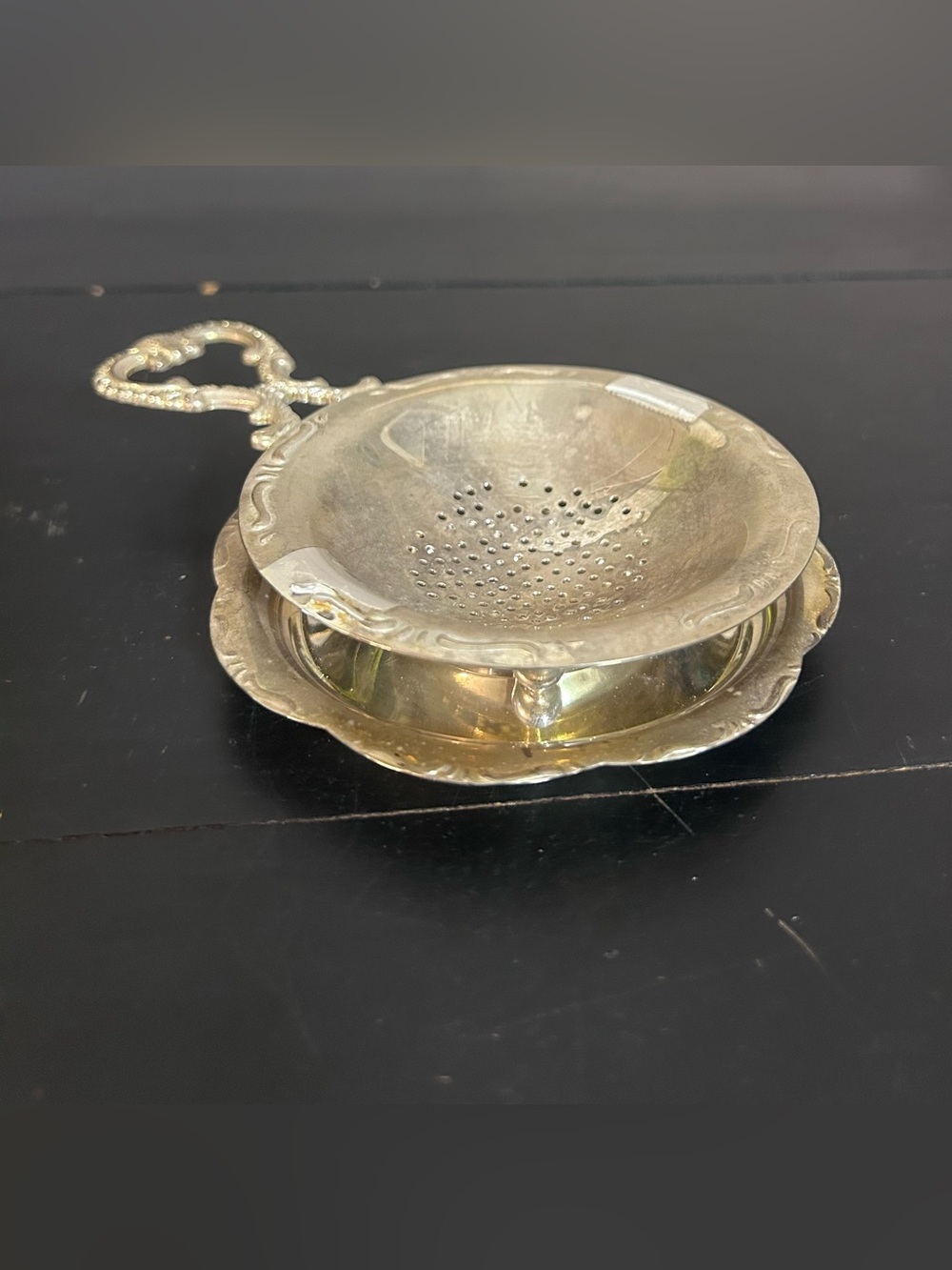 Vintage Silver Tea Strainer with Matching Rest - Silver Tone